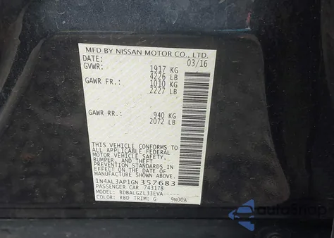 2016 Nissan Altima 2.5/2.5 S/2.5 Sl/2.5 Sr/2.5 Sv z USA, uszkodzony, nr VIN 1N4AL3AP1GN357683